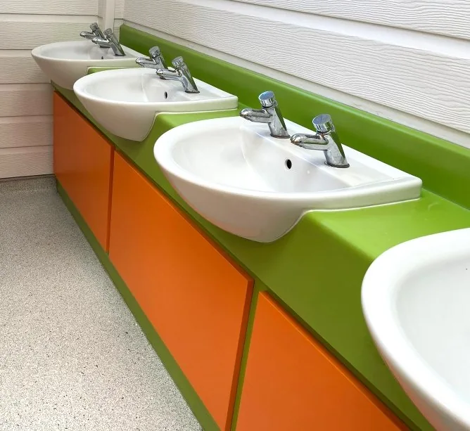 Volante washroom vanity unit with coordinated laminate finish
