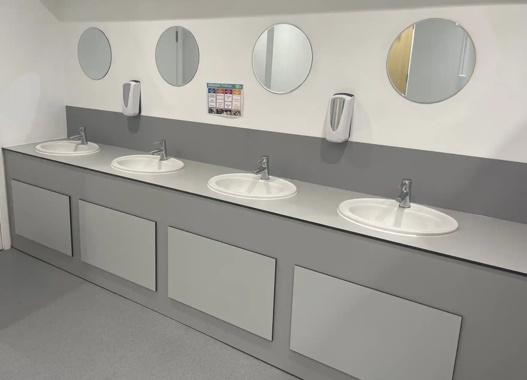 Modern office washroom cubicles with woodgrain MFC panels